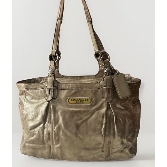 Coach Leather F16565 Metalic Gold-Tone Purse Shoulder Bag Lilac Lining - Picture 1 of 11
